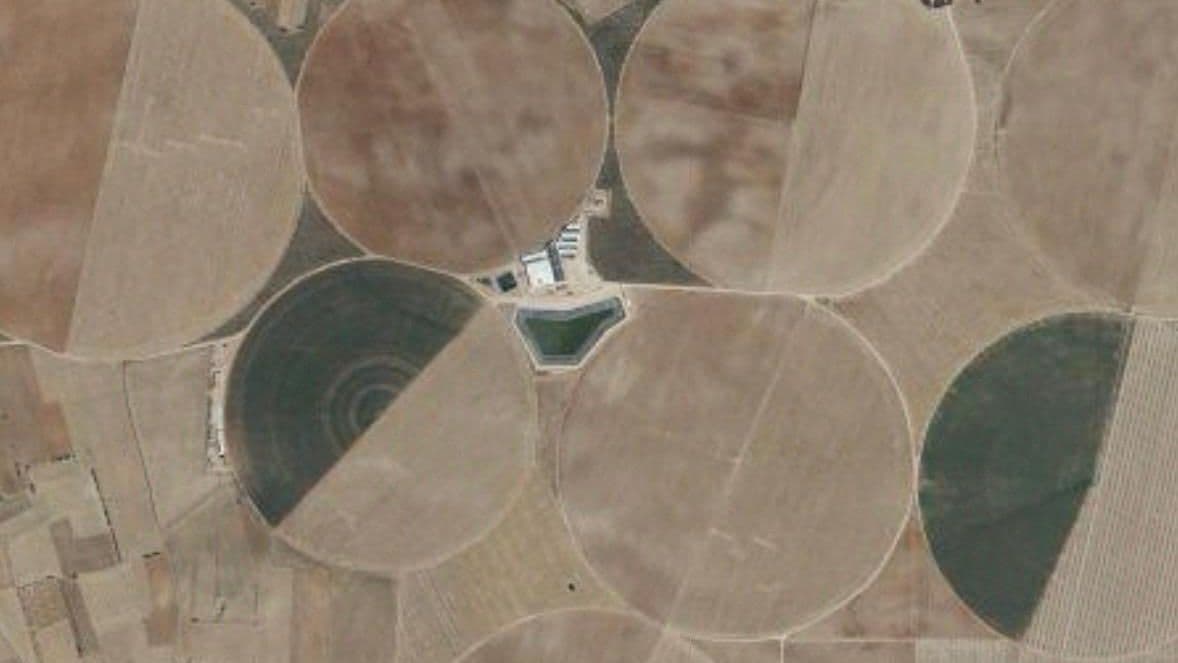 Vista amplia de la finca, con la balsa en el centro rodeada de los círculos de riego de los pívots y las parcelas de labor alrededor